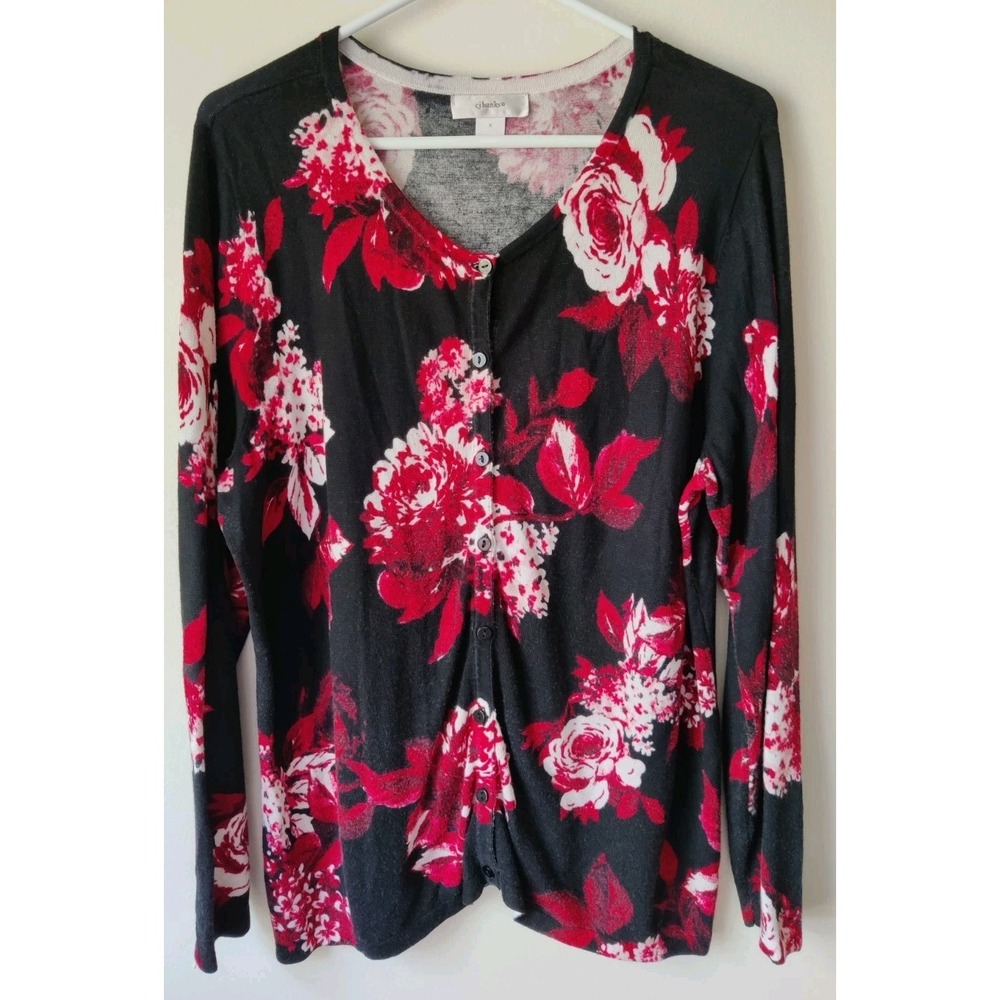 CJ Banks Sweater Women's Plus‎ X Black Red Floral Cardigan Stretch Button Front